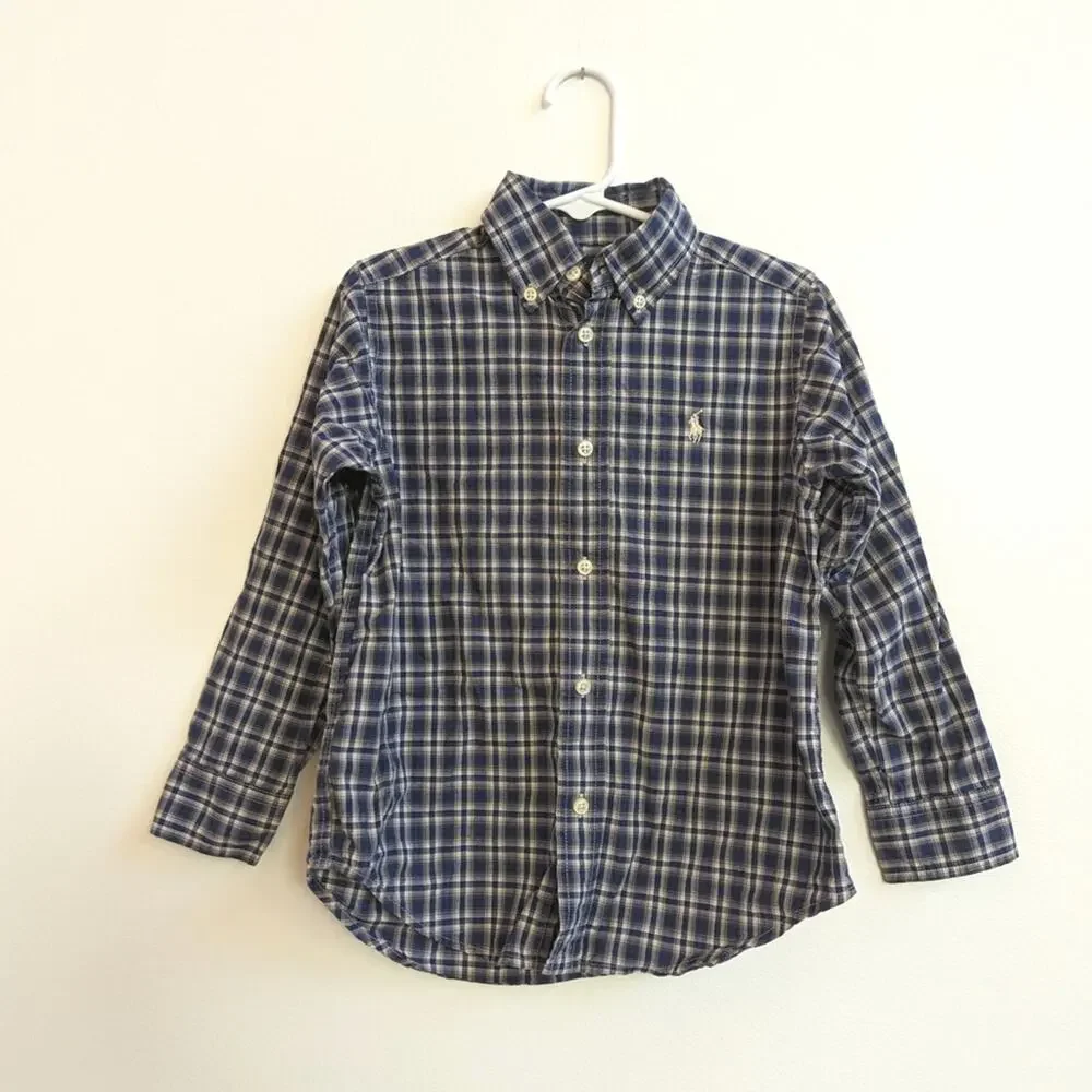 Vtg Ralph Lauren 4T Boys Blue Plaid Long Sleeve Button Down Preppy